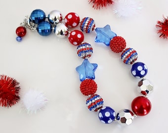 LAND OF LIBERTY Chunky Necklace Red, Silver, Blue Beads, 4th of July Bracelet, Child to Adult Size Beaded Patriotic Statement Necklace
