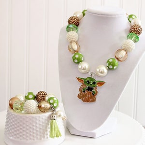 50 Year Old ALIEN CHILD Chunky Necklace, Cute Green Alien Baby, Green Tan & Ivory Beads, Child to Adult Size Statement Necklace Bracelet image 2