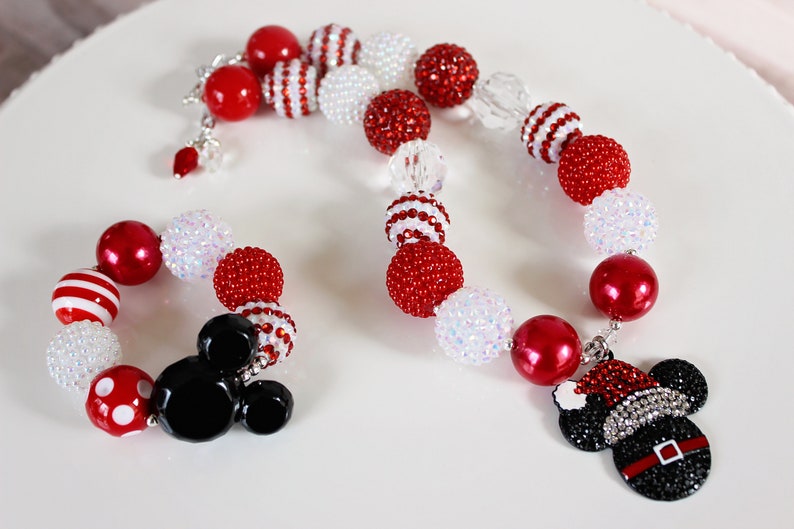 SANTA MICKEY Christmas Necklace Rhinestone Pendant Red White Etsy