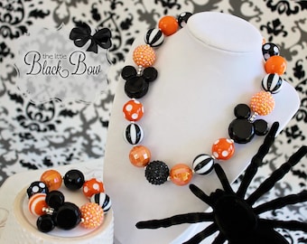HALLOWEEN MAGIC Hidden Mickey Necklace, Fall Chunky Necklace, Black & Orange Beads, Child Toddler Adult Size Beaded Necklace Bracelet