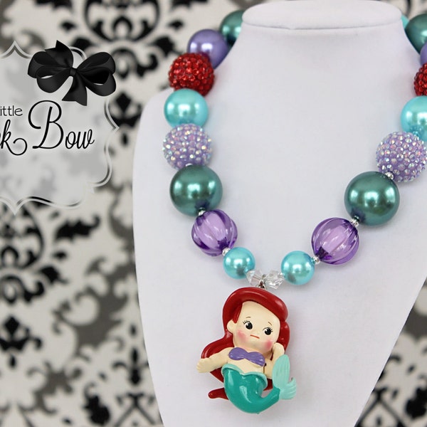ARIEL Mermaid Inspired Chunky Necklace Red, Purple, Aqua & Green Beads Child, Toddler or Baby Size Bubblegum Gumball Girls Beaded Necklace