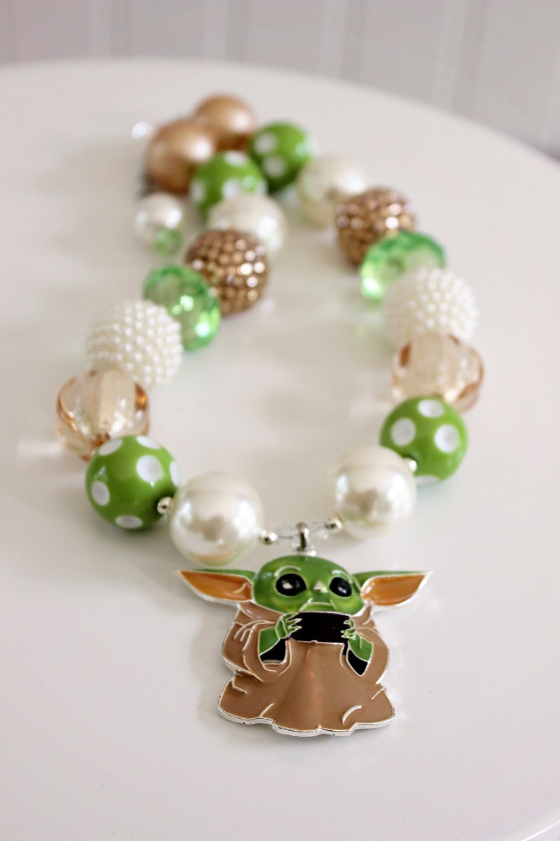 50 Year Old ALIEN CHILD Chunky Necklace, Cute Green Alien Baby, Green Tan & Ivory Beads, Child to Adult Size Statement Necklace Bracelet image 4