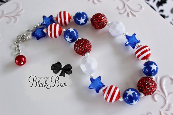 MHS.SUN USA 4th July style blue+red+white chunky beaded necklace fashion  star&heart pendant necklace for kids girls jewelry gift