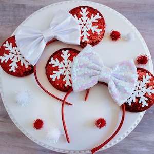 MERRY MOUSE Christmas Disney Ears Headband, Snowflake Mickey Ears, Red & White Sequin Ears, Disney Gift, Minnie Ears, Very Merry