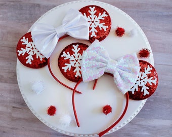 MERRY MOUSE Christmas Disney Ears Headband, Snowflake Mickey Ears, Red & White Sequin Ears, Disney Gift, Minnie Ears, Very Merry