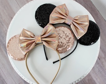 ROSE GOLD Mouse Ears Headband, Iridescent Bow Mickey Ears, Black or Rose Gold Sequin Ears, Disney Gift, Minnie Ears, Ears Headband