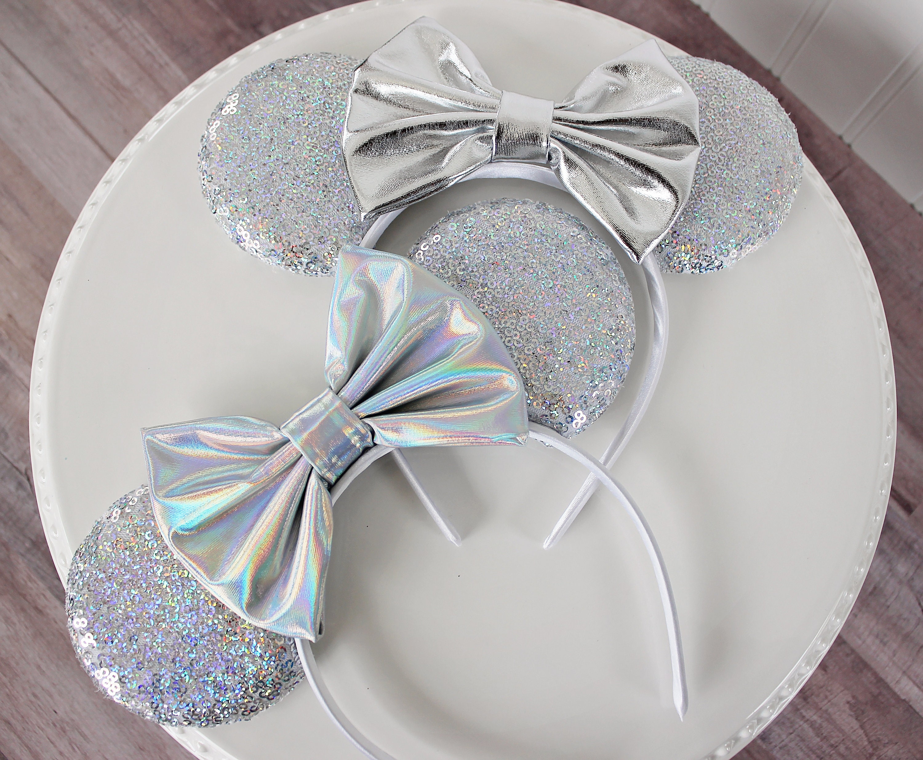 SILVER SEQUIN MICKEY EARS HEADBAND WITH SILVER SATIN BOWNew Rhinestone Silver Mickey Ears, Minnie Ears, Sequins Mickey  main image 3