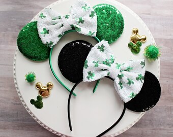 ST PATRICKS DAY Mouse Ears Headband, Shamrock Bow Mickey Ears, Green Sequin Ears, Disney Gift, Minnie Ears, Lucky Clover Ears Headband