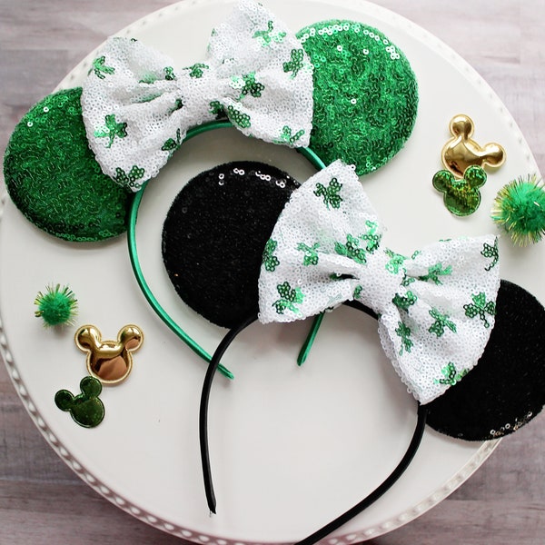 ST PATRICKS DAY Mouse Ears Headband, Shamrock Bow Mickey Ears, Green Sequin Ears, Disney Gift, Minnie Ears, Lucky Clover Ears Headband