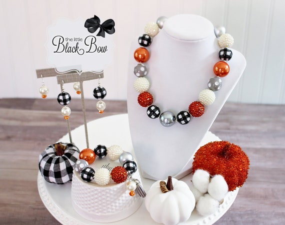 BUFFALO PLAID AUTUMN Necklace Fall Statement Necklace Black Ivory Orange Grey Beads Child to Adult Size Chunky Bead Necklace Bracelet Etsy