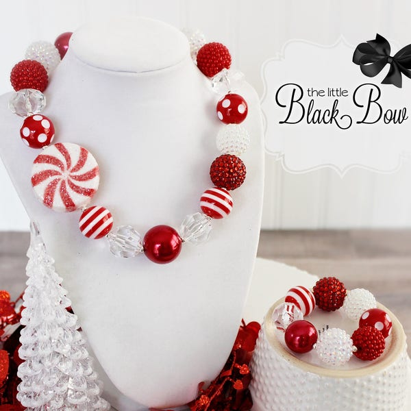 CANDY CANE SWIRL Christmas Chunky Necklace, Christmas Bracelet, Red & White Beads, Child Adult Size Girls Chunky Bead Statement Jewelry