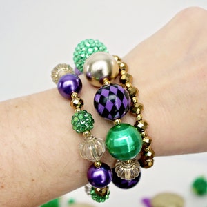 MARDI GRAS BEADS Bracelet Set, Fat Tuesday Bracelet Stack, Purple, Green & Gold Beads, Child or Adult Size Statement Bracelets