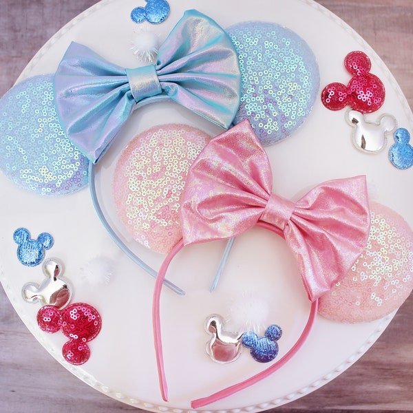 Make it BLUE Make it PINK Mouse Ears Headband, Iridescent Bow Mickey Ears, Pink or Blue Sequin Ears, Disney Gift, Minnie Ears Headband