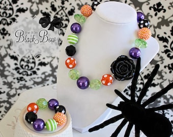 TRICK o SWEET Halloween Collar, Naranja, Negro, Púrpura, Verde Cuentas Gruesas, Niño, Niño Pequeño, Tamaño Adulto Con Cuentas Declaración Collar Pulsera