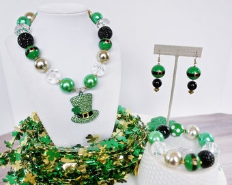 LUCKY LEPRECHAUN Necklace, St Patrick's Day Chunky Necklace, Leprechaun Hat Pendant, Child to Adult Size Beaded Statement Jewelry, Earrings