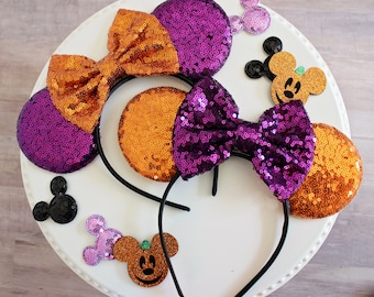 HALLOWEEN Mouse Ears Headband, Disney Halloween Party Mickey Ears, Sequin Ears, Disney Gift, Minnie Ears, Orange & Purple Ears Headband