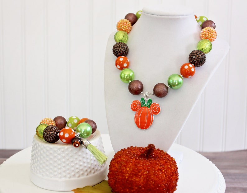 CUTEST PUMPKIN in the PARK Fall Minnie Necklace, Brown Orange & Lime Green Bead, Child to Adult Size Chunky Bead Necklace Bracelet Jewelry image 7