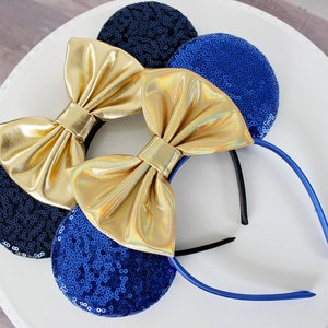 50th ANNIVERSARY Mouse Ears Headband, Navy or Royal Blue Sequin Mickey Ears, Iridescent Gold Bow, Disney Gift, Minnie Ears Headband