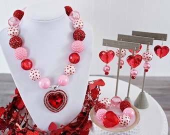 VALENTINE Chunky Necklace, Valentine's Day Jewelry, Red & Pink Beads, Child to Adult Size Statement Necklace, Valentine's Heart Bracelet