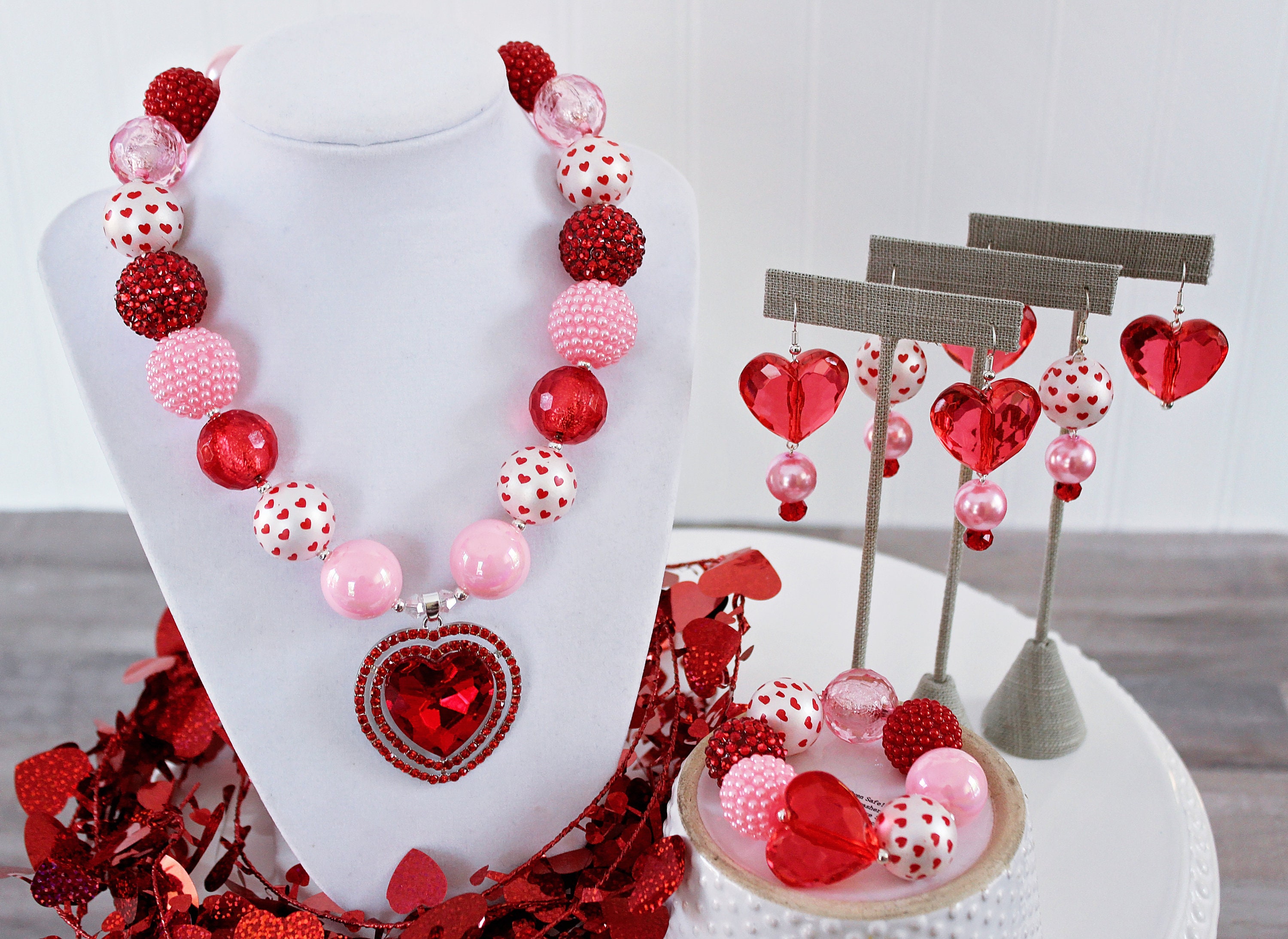 VALENTINE Chunky Necklace, Valentine's Day Jewelry, Red