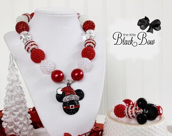 SANTA MICKEY Christmas Necklace, Rhinestone Pendant, Red White Beads, Adult Child Toddler Baby Size Bubblegum Gumball Beaded Chunky Necklace