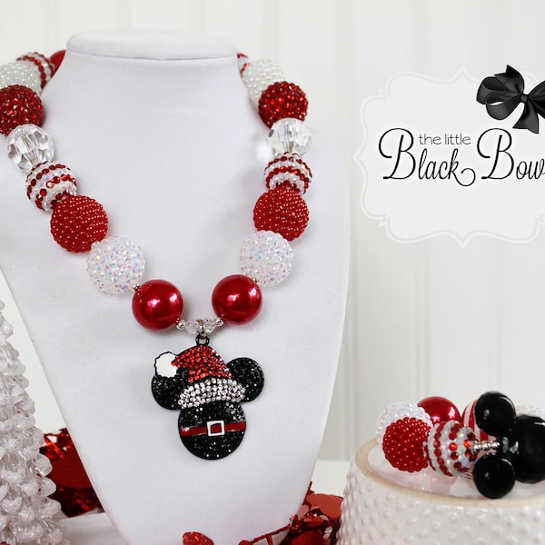 SANTA MICKEY Christmas Necklace, Rhinestone Pendant, Red White Beads, Adult Child Toddler Baby Size Bubblegum Gumball Beaded Chunky Necklace
