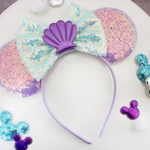 LITTLE MERMAID Mouse Ears Headband, Iridescent Bow Mickey Ears, Purple & Aqua Sequin Ears, Disney Gift, Ariel Minnie Ears, Ears Headband