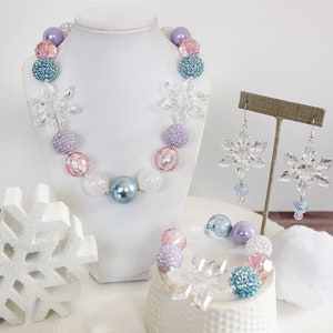 FROZEN SHIMMER Christmas Necklace, Stretch Bracelet, Pastel Blue Pink Purple White Chunky Beads, Child to Adult Beaded Statement Necklace