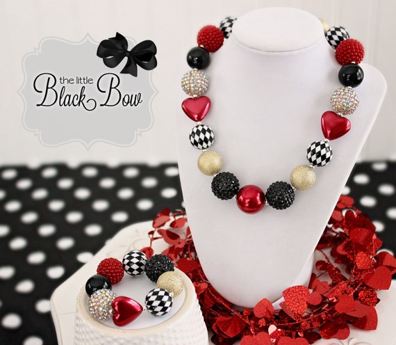 QUEEN OF HEARTS Valentine Necklace, Valentine's Chunky Necklace, Red Black Gold Beads, Child, Adult Size Statement Necklace Girls Jewelry