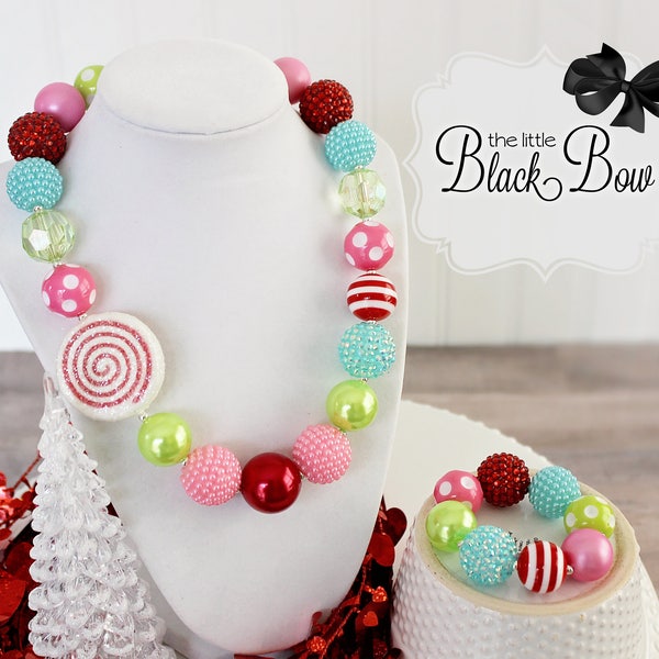 GINGERBREAD HOUSE Christmas Necklace Bracelet, Red Pink Green & Aqua Beads, Adult Child Toddler Baby Size Chunky Bead Girls Jewelry