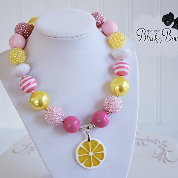 PINK LEMONADE Necklace, Citrus Pendant Pink & Yellow Beads, Summer Chunky Necklace Child, Toddler, Baby Size Bubblegum Gumball Girls Jewelry