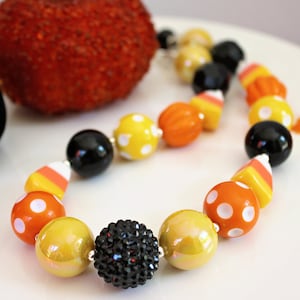 CANDY CORN Chunky Necklace, Halloween Jewelry, Orange Yellow Black Beads, Child to Adult Beaded Statement Necklace Bracelet Earrings