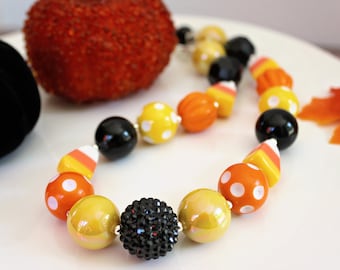 Collar grueso de maíz dulce, joyería de Halloween, cuentas anaranjadas, amarillas y negras, collar llamativo de cuentas para niños y adultos, pulsera y pendientes.