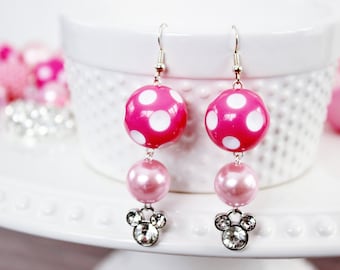 MISS MOUSE Earrings, Mouse Ears Charm Dangle Earrings, Pink Polka Dot Beads, Disney Gift Jewelry, Minnie Earrings