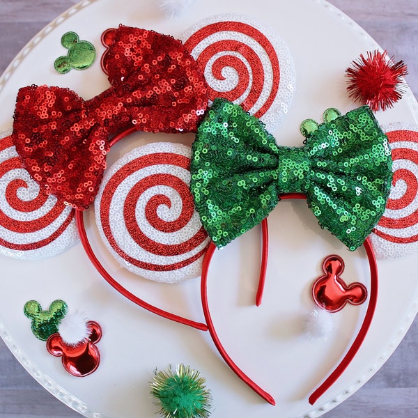 CANDY SWIRL Mouse Ears Headband, Christmas Mickey Ears, Red Green & White Sequin Ears, Disney Gift, Minnie Ears, Ears Headband, Gingerbread