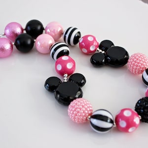 MINNIE EARS Chunky Necklace, Mouse Ears Bracelet, Pink & Black Beads, Child or Adult Size Bubblegum Gumball Girls Beaded Statement Necklace