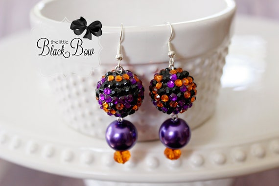 Halloween Earrings, Halloween Dangle Earrings, Purple, Orange & Black Beads, Rhinestone Earrings, Festive Halloween Jewelry