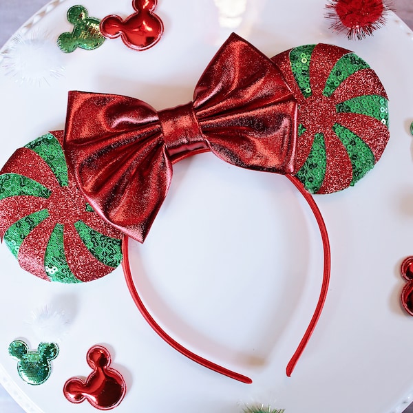 PEPPERMINT CANDY Mouse Ears Headband, Christmas Mickey Ears, Red Green & White Sequin Ears, Disney Gift, Minnie Ears, Ears Headband