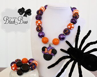 WITCH MINNIE Necklace, Halloween Chunky Necklace, Black Orange & Purple Beads, Adult, Child, Baby Size Beaded Statment Necklace Bracelet