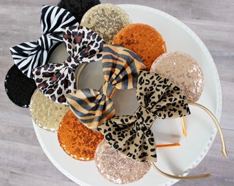 ANIMAL KINGDOM Mouse Ears Headband, Sequin Mickey Ears, Leopard Cheetah Tiger Zebra Bow, Disney Gift, Minnie Ears, African Safari Headband
