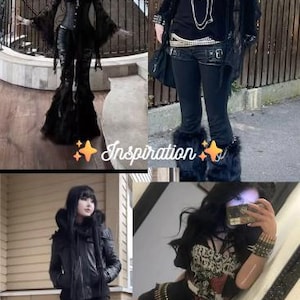 May include: A collage of four images featuring black clothing including a lace-trimmed corset top with flared sleeves, black trousers, a black leather jacket, a graphic print corset, a studded belt, layered silver necklaces, and black fur leg warmers.