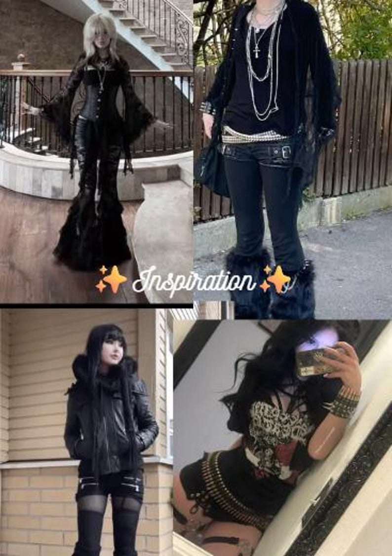 May include: A collage of four images featuring black clothing including a lace-trimmed corset top with flared sleeves, black trousers, a black leather jacket, a graphic print corset, a studded belt, layered silver necklaces, and black fur leg warmers.