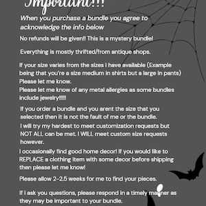 May include: A dark gray informational graphic with a spiderweb in the top right corner and two black bats in the bottom right. The text reads: Important!!! When you purchase a bundle you agree to acknowledge the info below. No refunds will be given!!
