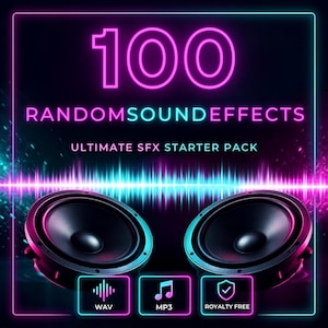 Puede incluir: Un gráfico digital con dos altavoces negros con iluminación de neón rosa y azul. El texto dice 100 RANDOM SOUND EFFECTS ULTIMATE SFX STARTER PACK. Tres recuadros muestran iconos para WAV, MP3 y un escudo para ROYALTY FREE.