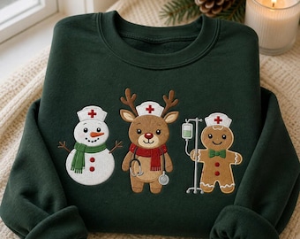 Embroidered Christmas Nurse Sweatshirt, Holiday Medical Crewneck, Night Shift Nurse Gift, Custom RN Xmas Apparel