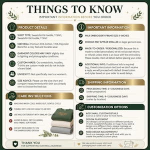 May include: An informational graphic titled THINGS TO KNOW with sections for product details, care instructions, important information, and customization options. It features text about garment materials, embroidery, and a stack of three folded shirts.