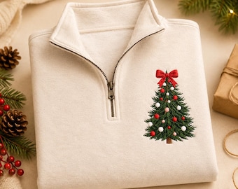 Christmas Tree Embroidered Sweatshirt, Cozy Holiday Gift for Her, Festive Winter Crewneck, Cute Xmas Tree Bow Shirt