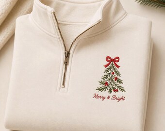 Coquette Bow Christmas Embroidered Sweatshirt, Merry And Bright Holiday Crewneck, Cozy Winter Sweater Gift For Her