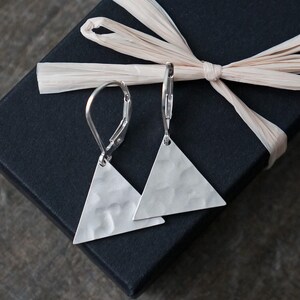 Hammered Triangle Earrings, Sterling Silver Leverbacks, Matte Textured Drops