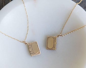 Golden Book Necklace // Italian Bronze Book Pendant on a 14k Gold Filled Chain, Book Lover Jewelry, Reversible Charm